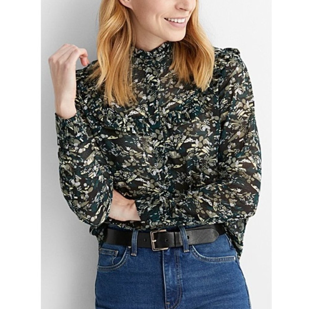 NWT XS Green Floral Ruffle-collar Chiffon Blouse from Simons Contemporaine